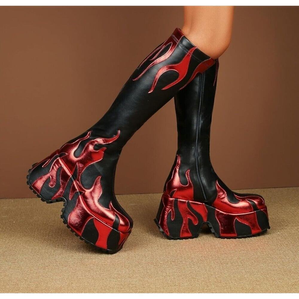 women’s side zipper high heeled Ref Flames printing thick sole boots high Sz6